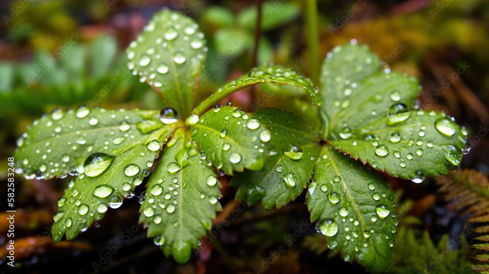 Plants with raindrops, macro shot, leaves, forest - sunny day, wet flora, close up, generative ai Plants with raindrops, macro shot, leaves, forest - sunny day, wet flora, close up, generative ai