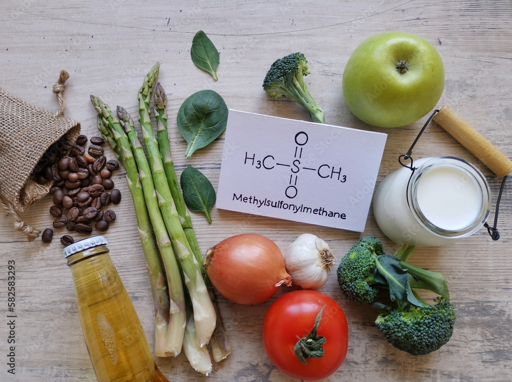 Foods high in methylsulfonylmethane with chemical structural formula of