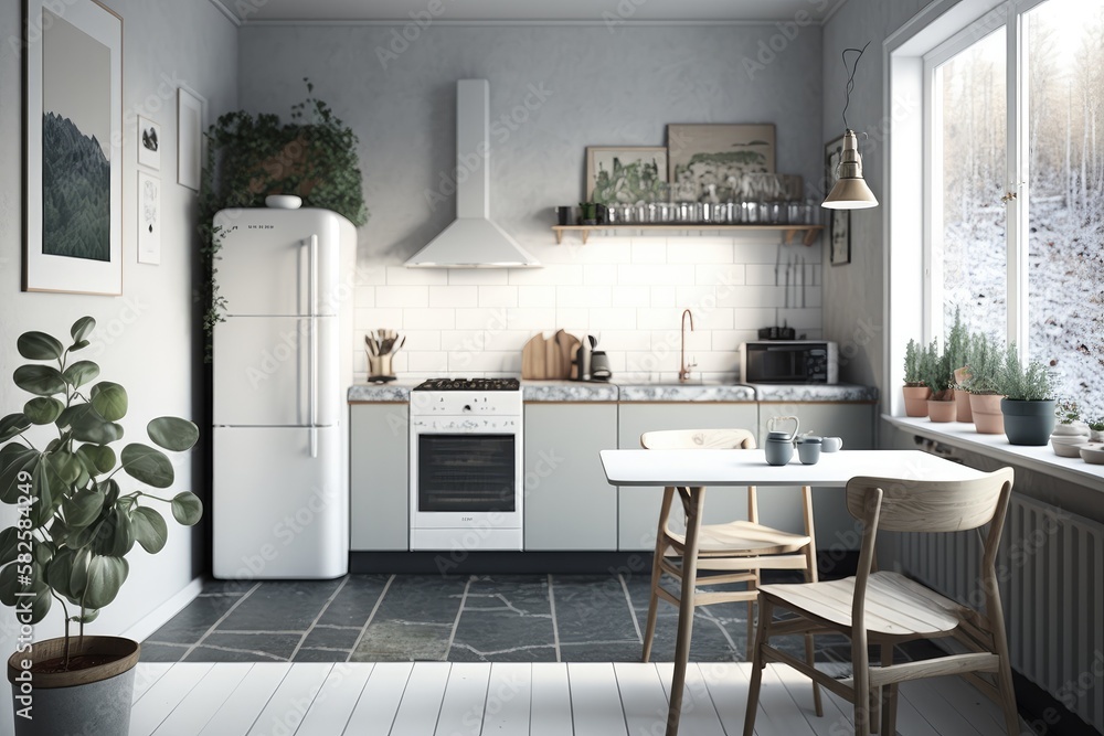 Modern Scandinavian kitchen and dining room Generative AI Modern Scandinavian kitchen and dining room Generative AI