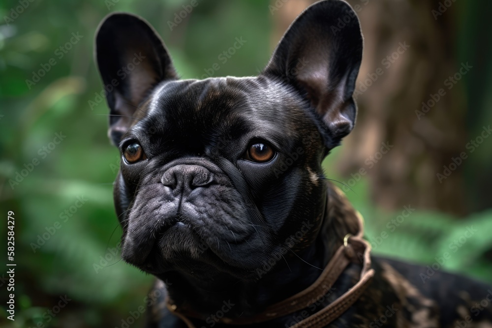 French bulldog in close up against a natural green background. Generative AI
