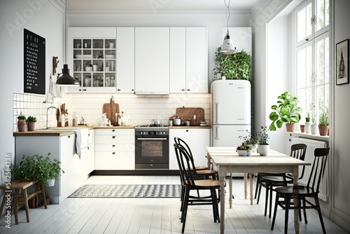 Modern Scandinavian kitchen and dining room Generative AI