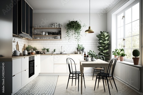Modern Scandinavian kitchen and dining room Generative AI
