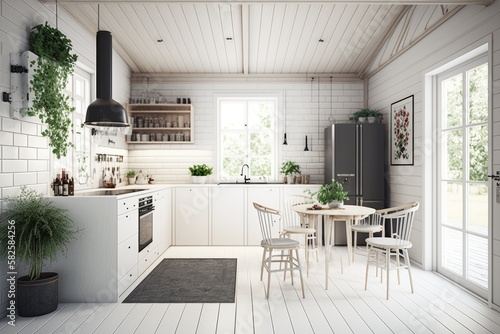 Modern Scandinavian kitchen and dining room Generative AI
