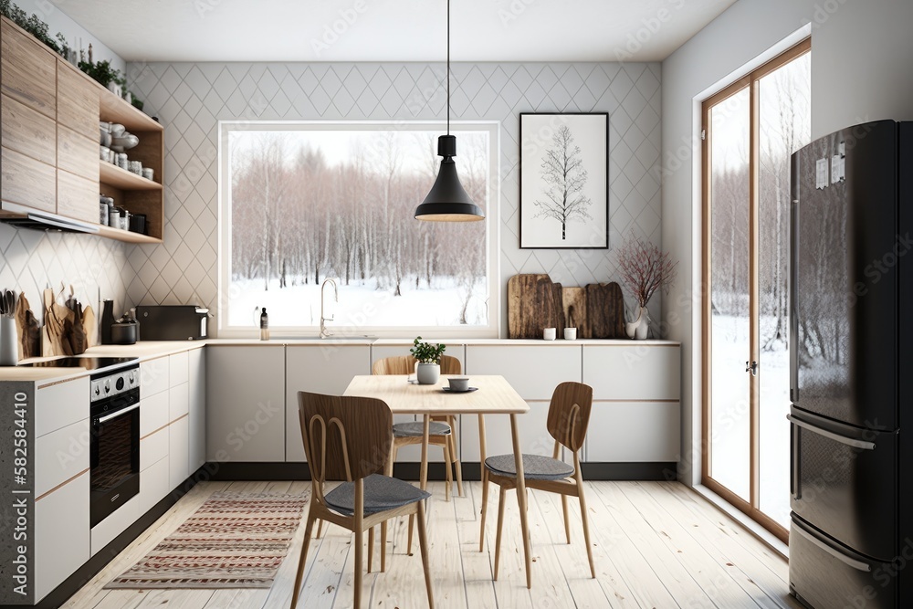 Fototapeta premium Modern Scandinavian kitchen and dining room Generative AI
