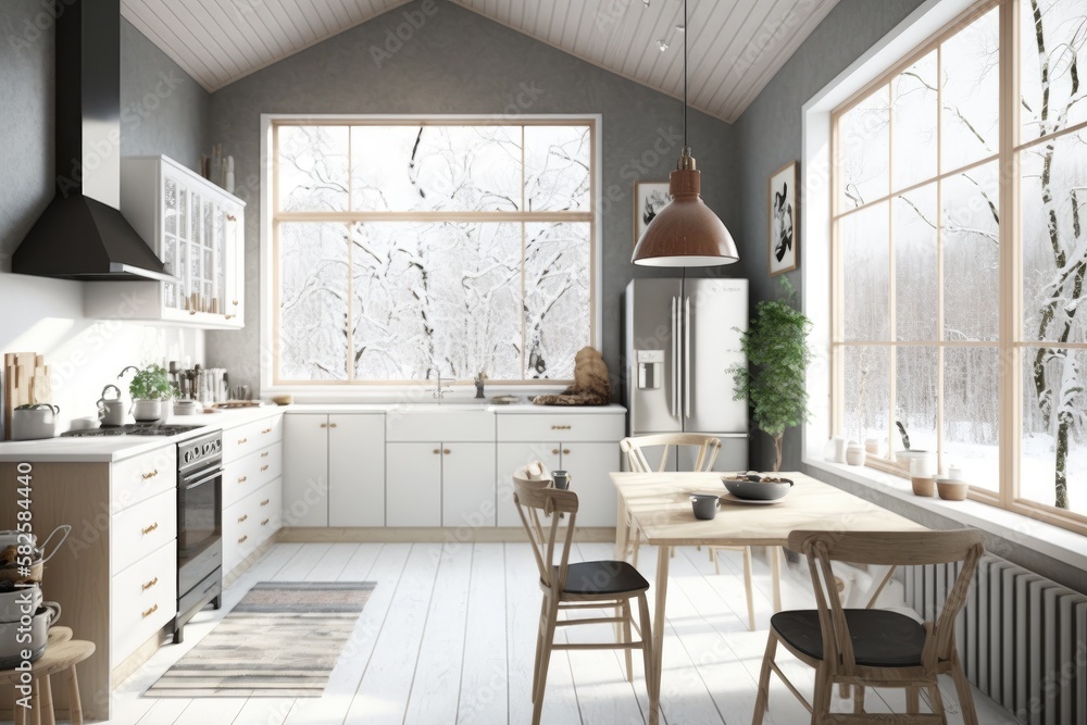 Modern Scandinavian kitchen and dining room Generative AI Modern Scandinavian kitchen and dining room Generative AI