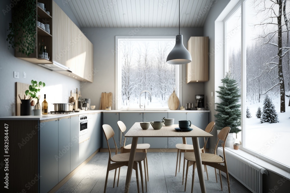 Modern Scandinavian kitchen and dining room Generative AI Modern Scandinavian kitchen and dining room Generative AI