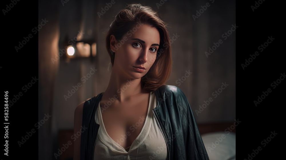 Beautiful young woman standing in a bedroom - dark moody atmosphere Beautiful young woman standing in a bedroom - dark moody atmosphere