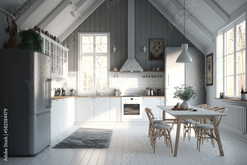 Modern Scandinavian kitchen and dining room Generative AI