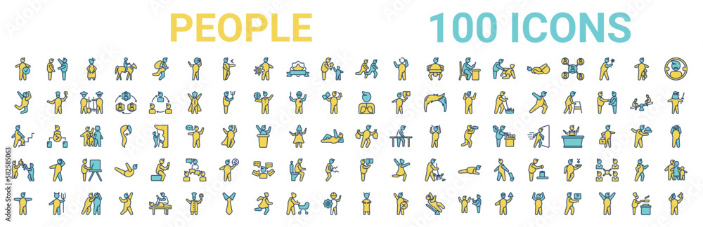 Fototapeta premium colorful set of people line icons. colored glyph vector icons such as boss and worker,happy man jumping,pulmonary,man climbing stairs,steal,preferences,businessman with financial message about
