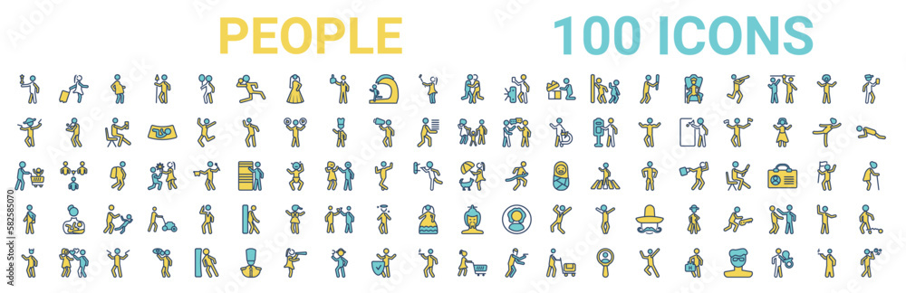 Fototapeta premium colorful set of people line icons. colored glyph vector icons such as woman carrying,cowboy with a gun,parents,father and son shopping,woman covering,students,chinese man,woman with shopping cart.