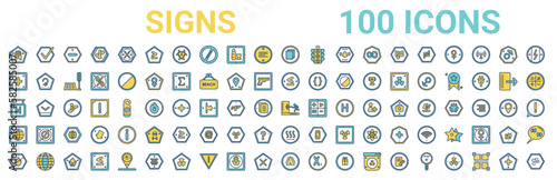 colorful set of signs line icons. colored glyph vector icons such as tick,addition thick,is less than,square hotel,emergency exit,world grid,heat,tent. vector illustration