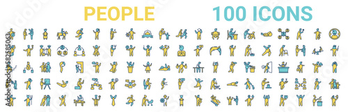 colorful set of people line icons. colored glyph vector icons such as boss and worker,happy man jumping,pulmonary,man climbing stairs,steal,preferences,businessman with financial message about