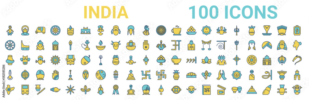 colorful set of india line icons. colored glyph vector icons such as kathakali,ashoka,turkey,henna painted hand,laddu,bindi,hindu,devi. vector illustration
