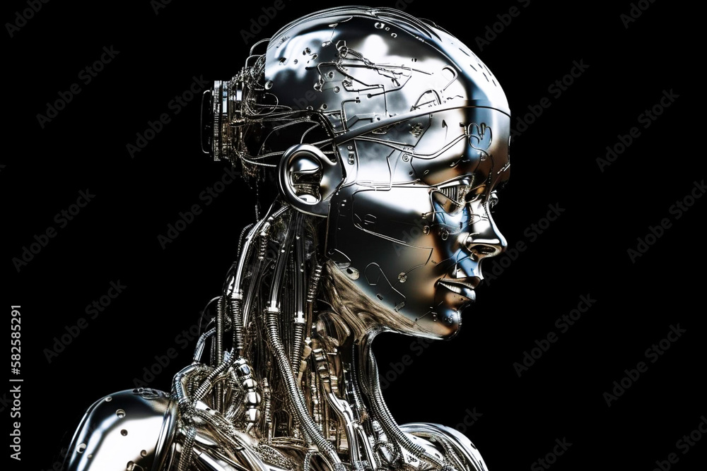 AI robot woman made of silver and liquid metal. generative Ai technology AI robot woman made of silver and liquid metal. generative Ai technology