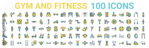 colorful set of gym and fitness line icons. colored glyph vector icons such as fitness wheel,weights,weight bar,roller,push up,biceps,trainer,women fitness clothing. vector illustration