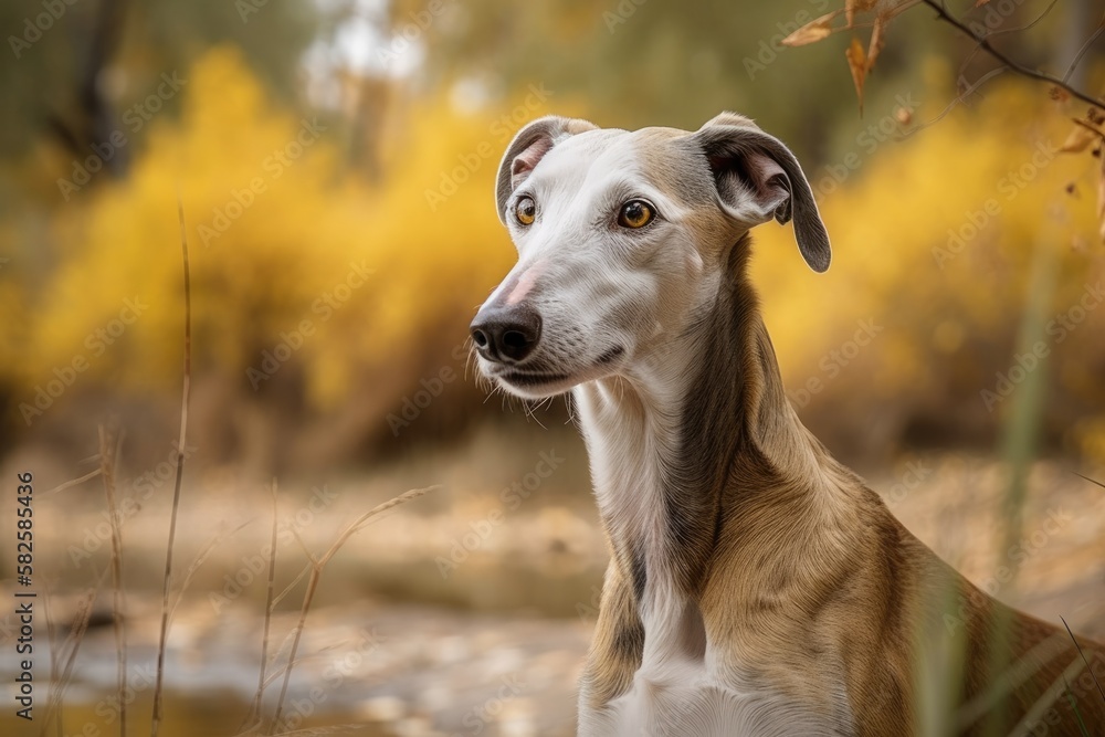 Greyhound outdoor portrait. Generative AI Greyhound outdoor portrait. Generative AI
