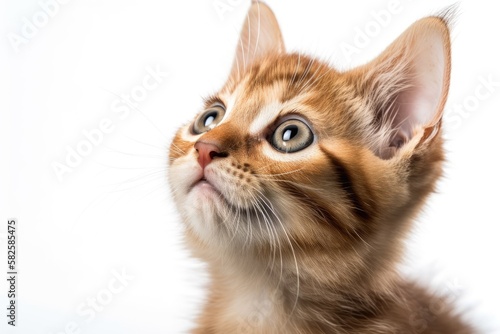 Curious kitten glances up and away. isolated against a white background. Generative AI