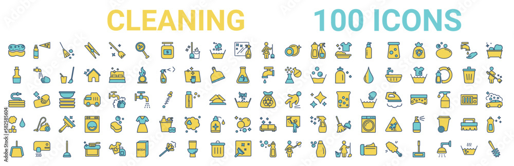 Fototapeta premium colorful set of cleaning line icons. colored glyph vector icons such as deodorizer,vinegar,faucet,garden hose,garbage,states of matter,clean-living,dishwashing detergent. vector illustration