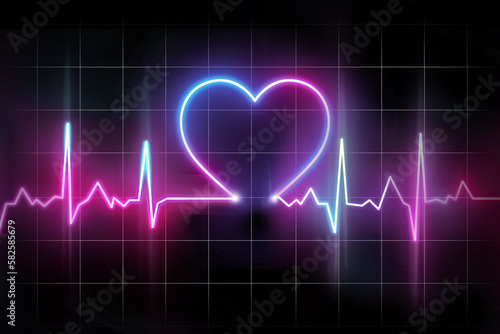 Palpitation. Medicine. Heart rate with heart. Cardiogram. Neon glow.