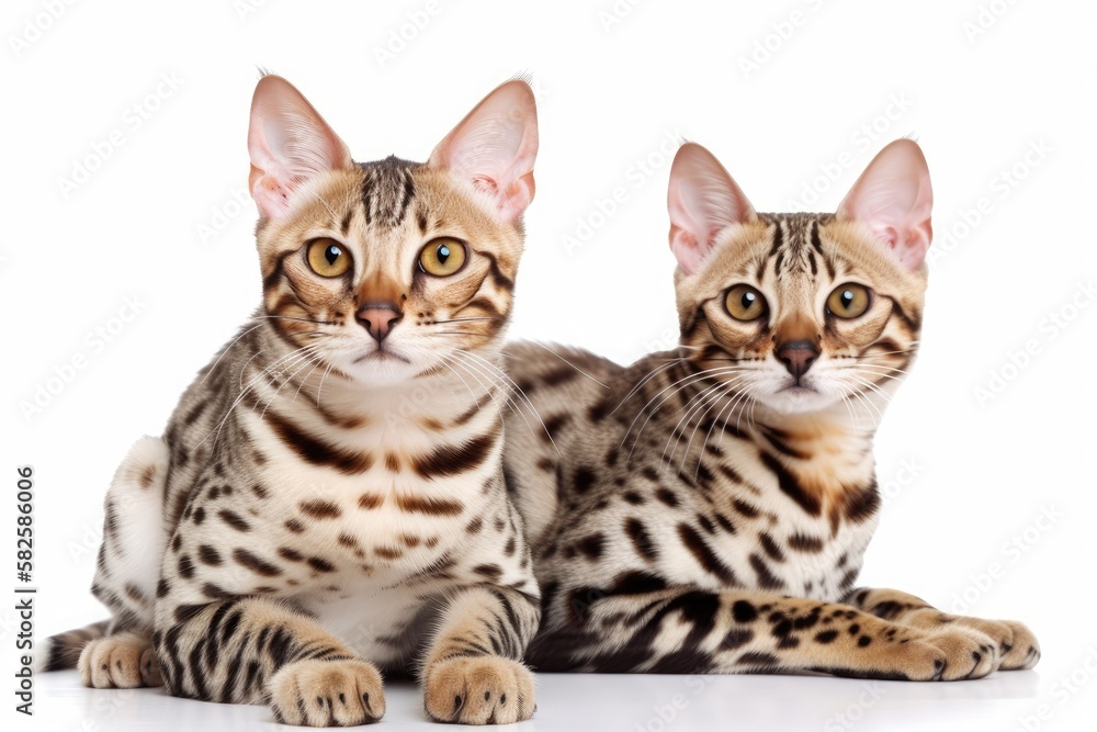 Picture of two adorable cats bengal breed with spotted fur against white background. Generative AI