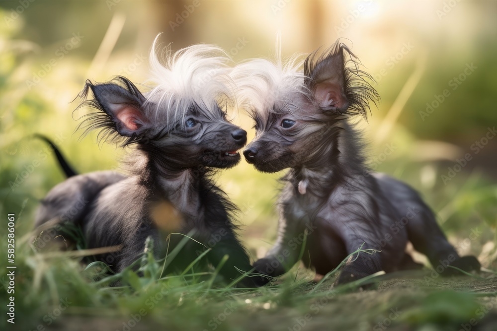 Chinese crested puppies playing together. Generative AI Chinese crested puppies playing together. Generative AI