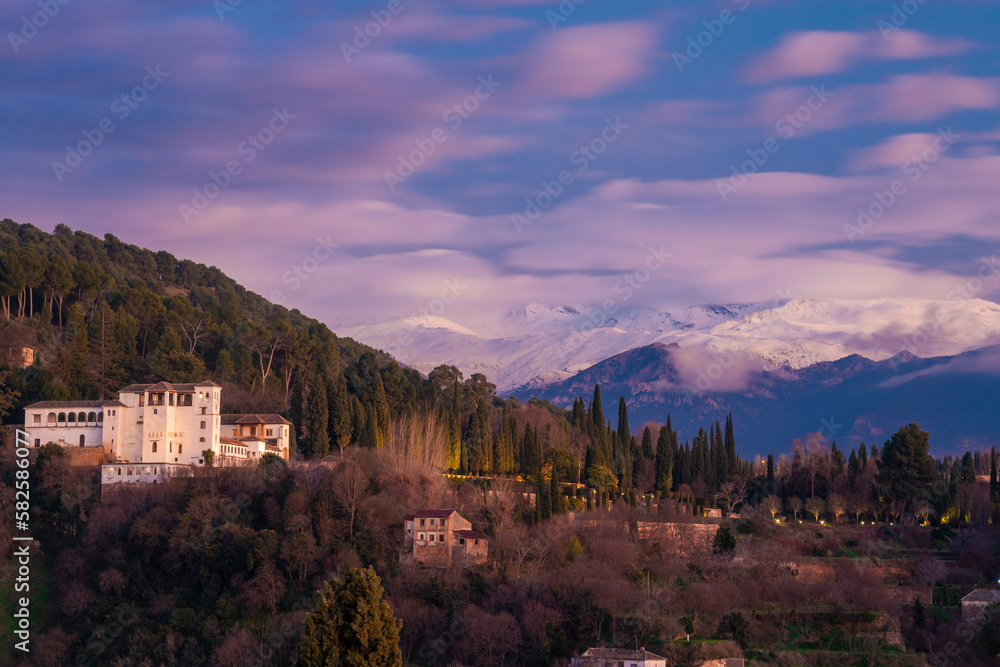 View of mountain sierra Nevada on the background by sunset in Granada, Andalusia