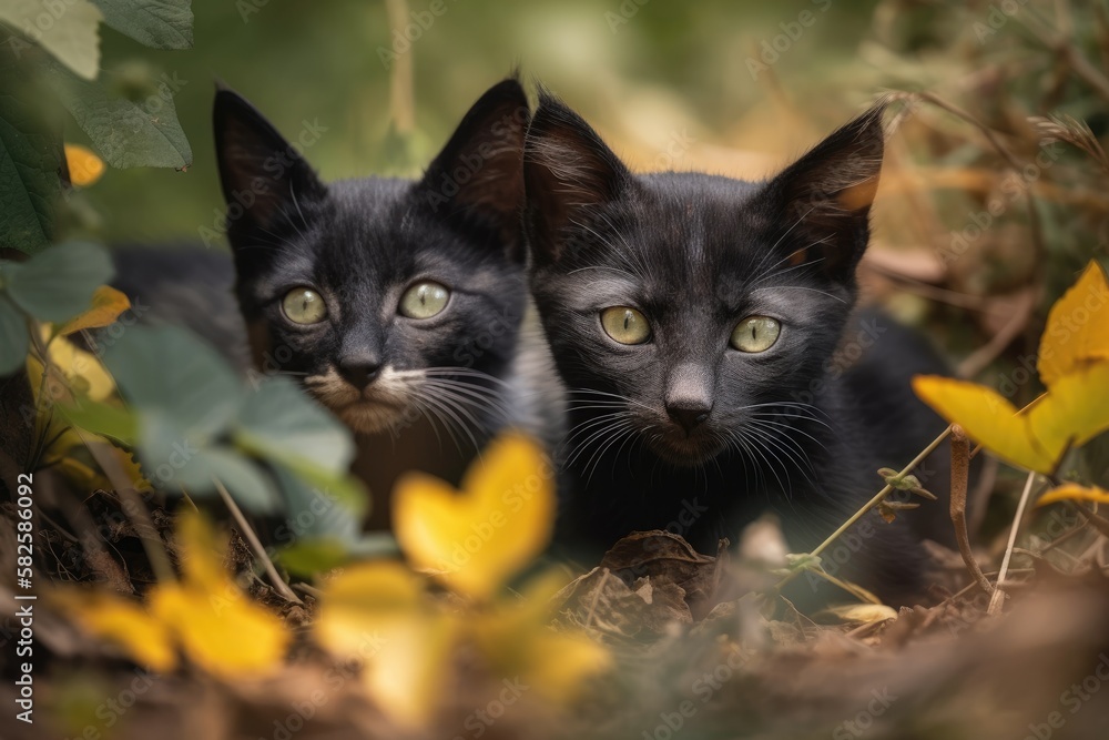 On a summer day, a little black kitten and a gray, short haired stray cat with beautiful yellow eyes are lying together in the grass among patches of Colchis ivy. Generative AI