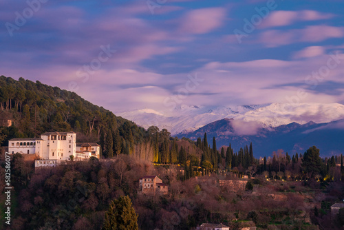 View of mountain sierra Nevada on the background by sunset in Granada, Andalusia