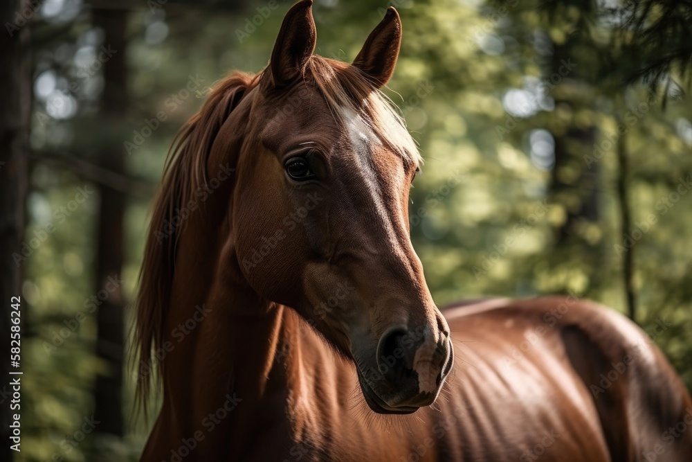 Fototapeta premium Brown horse closeup. Generative AI