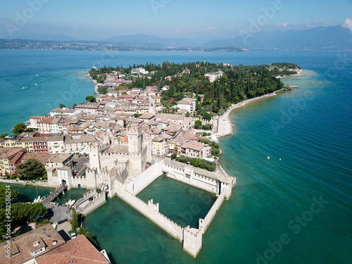 Fototapeta Naklejka Na Ścianę i Meble -  Scallgero Castle Aerial shots Sirmione Lake Garda Italy.