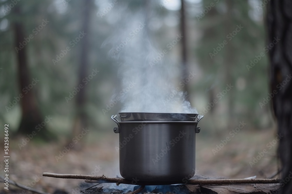 A camping kettle hangs over a fire in the forest in summer. Active holidays on vacation. AI generated. A camping kettle hangs over a fire in the forest in summer. Active holidays on vacation. AI generated.