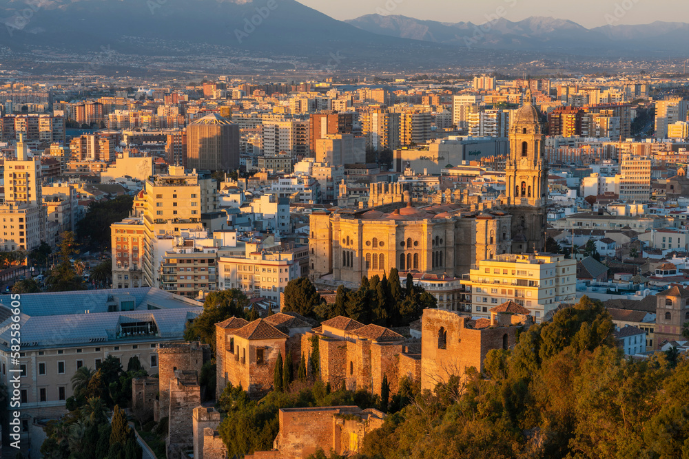 View Malaga and the Cathedral of Malaga from Alcazaba at sunrise