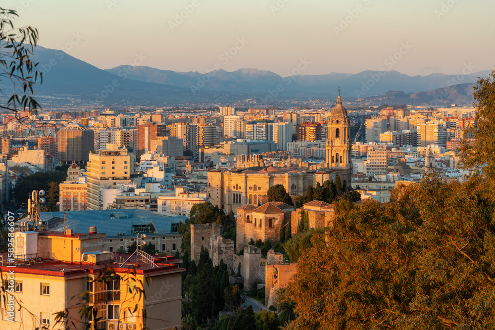 View Malaga and the Cathedral of Malaga from Alcazaba at sunrise