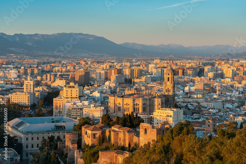 View Malaga and the Cathedral of Malaga from Alcazaba at sunrise