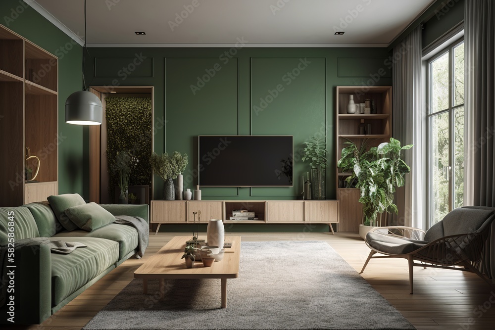 A cozy and luxurious green living room with a modern touch, featuring a  green TV cabinet with a built-in fireplace and contemporary furniture.  generative ai ilustração do Stock