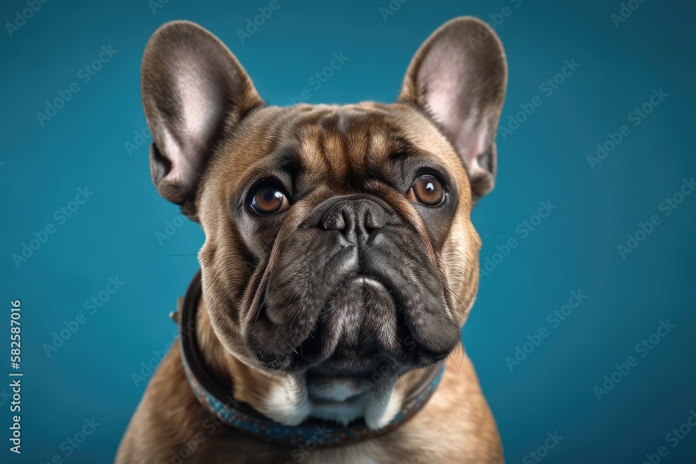 Blue background with a French bulldog. Generative AI