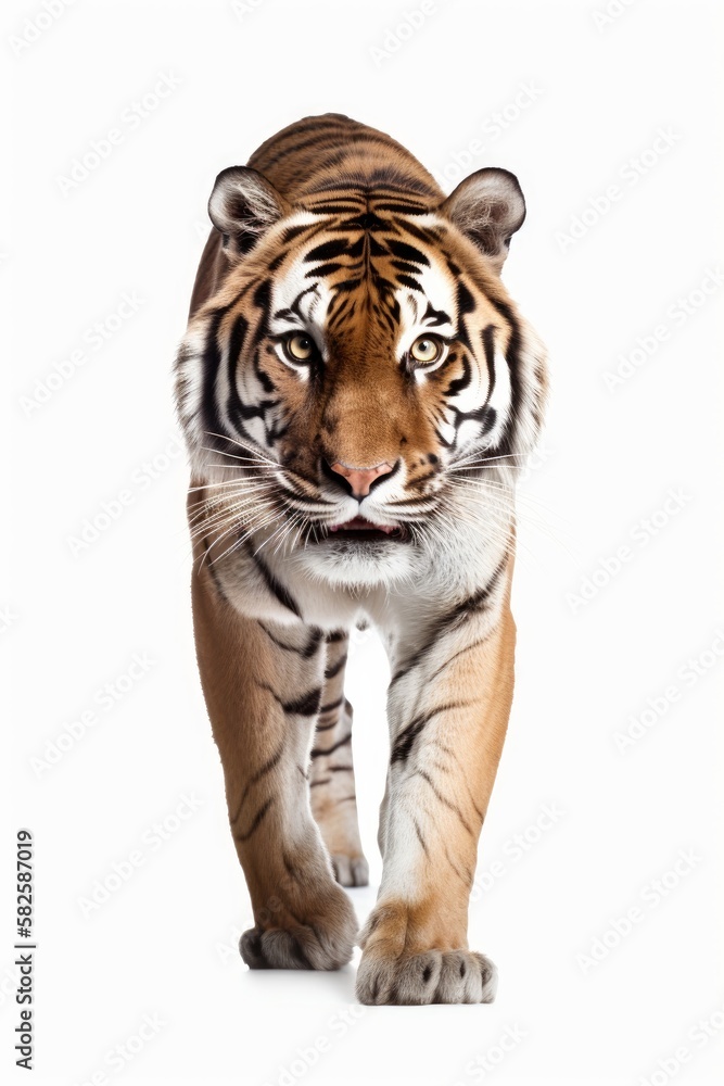 Obraz premium Frontal View of Tiger looking into Camera with White Background - Generative AI