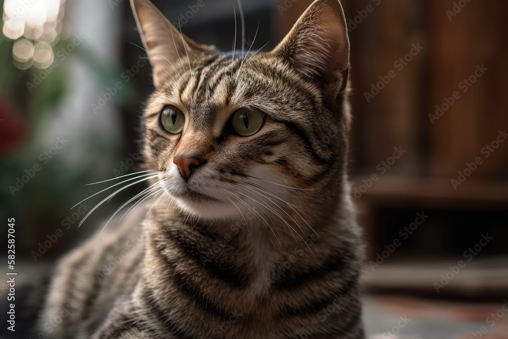 Young female tabby housecat in a calm pose. Generative AI
