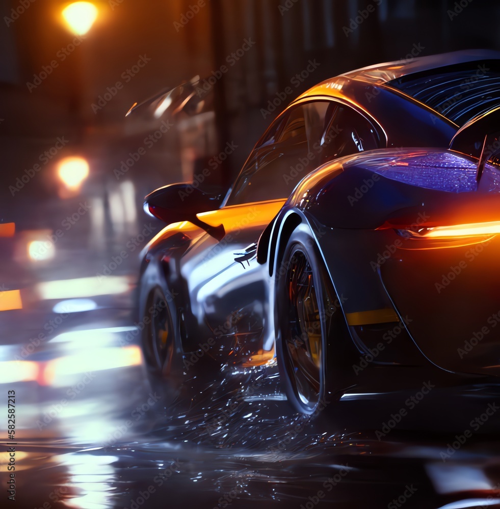 sports car speeding away in the city, reflection of a car in a pool of water, generative ai sports car speeding away in the city, reflection of a car in a pool of water, generative ai