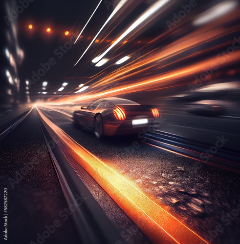 car driving on highway at night, motion blur, speed, generative ai