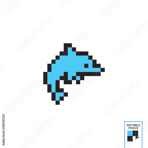 Dolphin icon in pixel art design isolated on white background, cetacean vector sign symbol