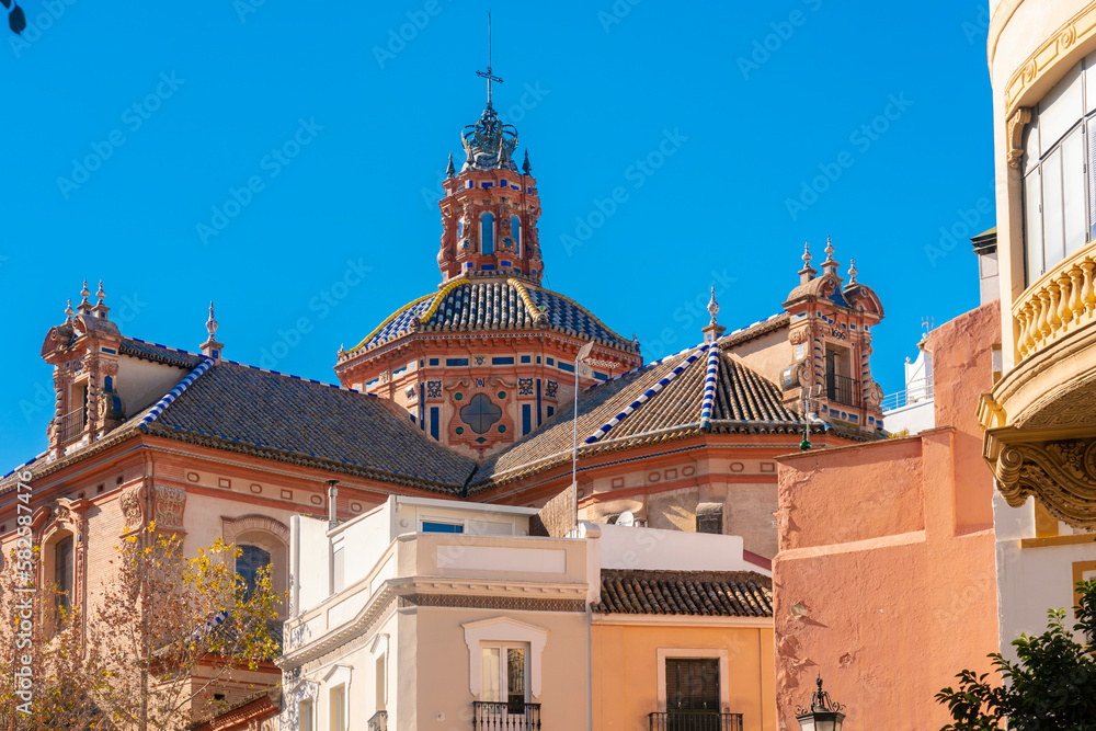 El Divino Salvador church with historic buildings in the foreground