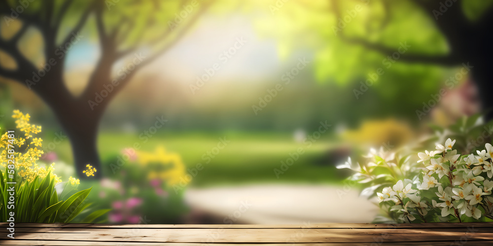 Empty wood table surface with flowers, blurred forest garden nature landscape background, mockup template for product display, showcase, copy space