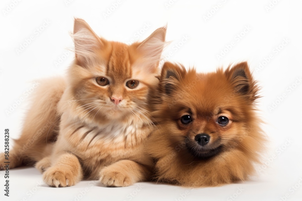 Spitz puppy and red cat are cuddled up and gazing at the camera. isolated against a white backdrop. Generative AI Spitz puppy and red cat are cuddled up and gazing at the camera. isolated against a white backdrop. Generative AI