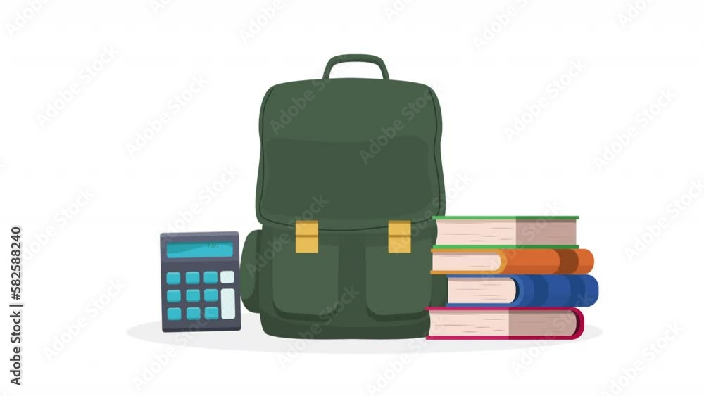 school bag with books and calculator animation school bag with books and calculator animation