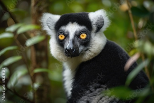 Indri indri Babakoto, the largest lemur of Madagascar, has a black and white coat, is arboreal and herbivorous, eating on leaves and seeds, and has red lips. Generative AI photo