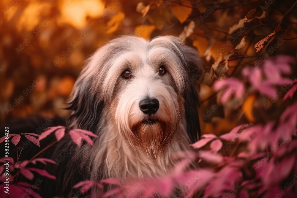 In the stunning sunset light, a bearded collie is begging among pink leaves. He enjoys working out with his owner. Generative AI In the stunning sunset light, a bearded collie is begging among pink leaves. He enjoys working out with his owner. Generative AI