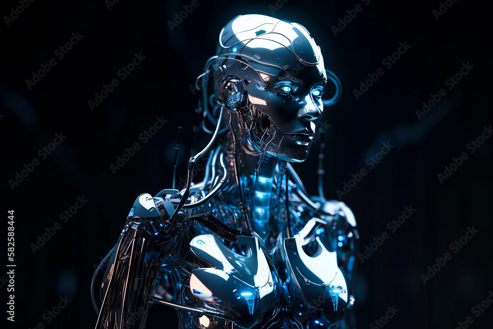 AI robot woman made of silver, liquid metal and neon tubes. generative Ai technology AI robot woman made of silver, liquid metal and neon tubes. generative Ai technology