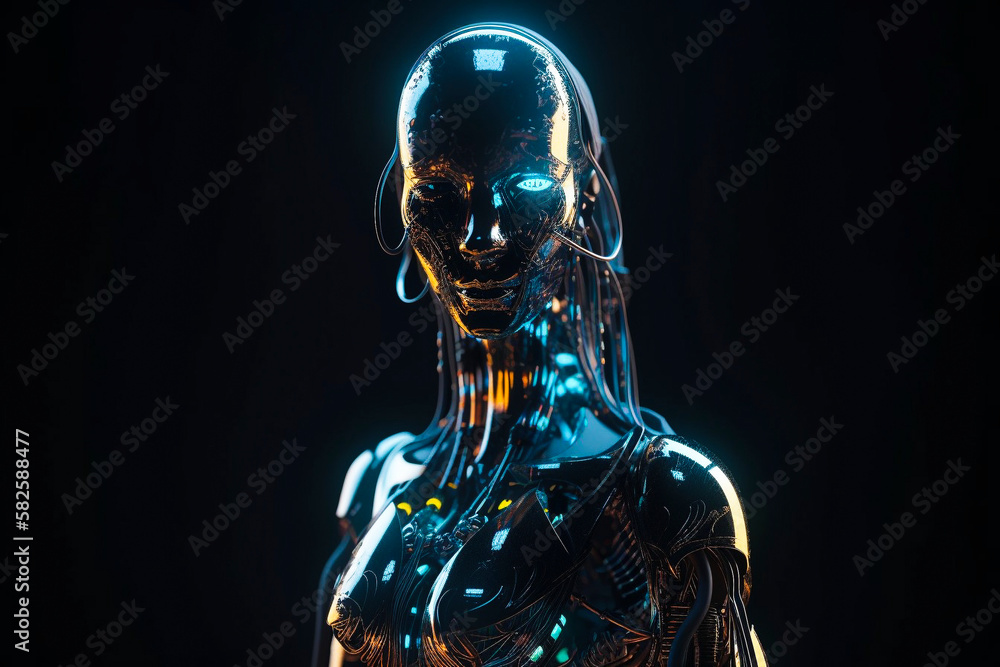 AI robot woman made of silver, liquid metal and neon tubes. generative Ai technology AI robot woman made of silver, liquid metal and neon tubes. generative Ai technology
