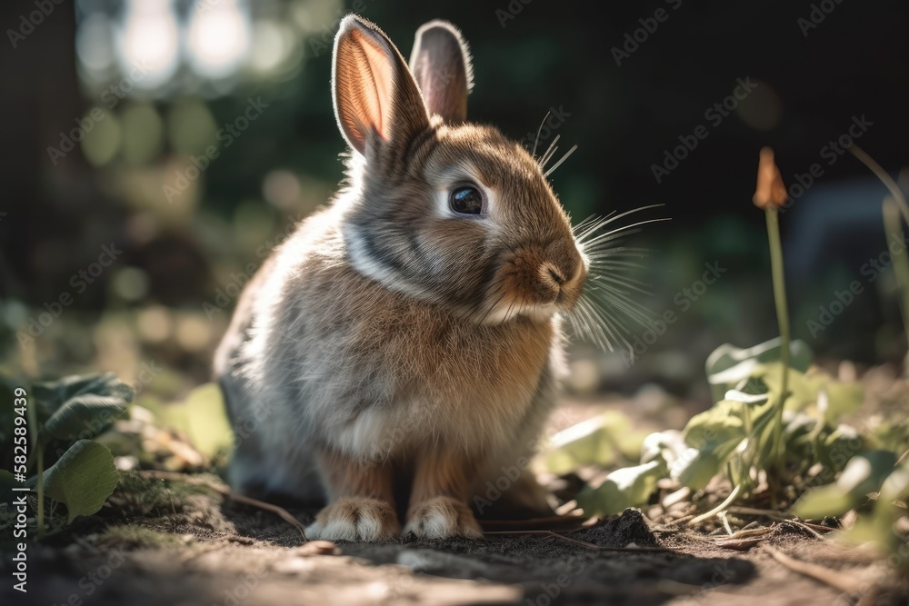 Fototapeta premium Selective focus on a cute small rabbit in a park nibbling grass. Generative AI